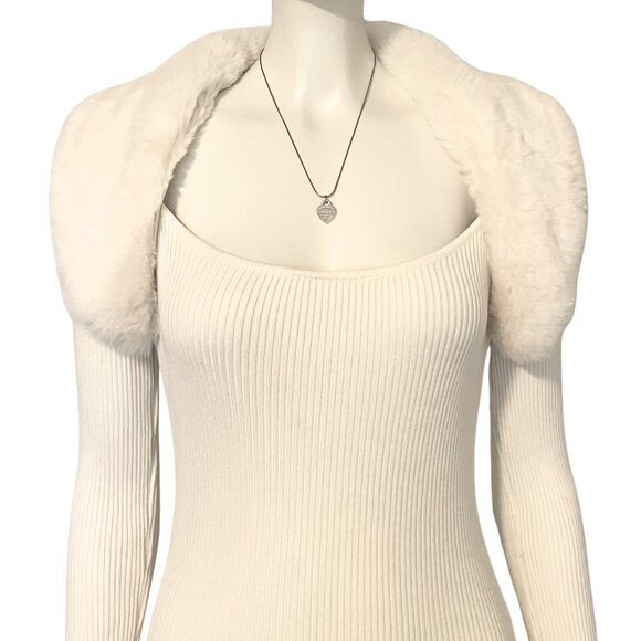 Vintage Y2K Cream Sweater Dress Faux Fur Trim Midi Bodycon S/M Off White McBling - Picture 11 of 13